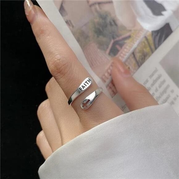 Faith Cross Sterling Silver Open Statement Rings Adjustable Minimalist Hope Love - Picture 2 of 7